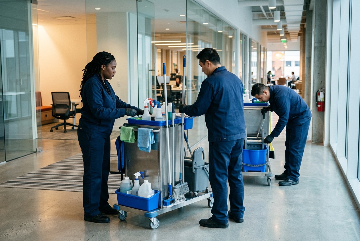 Three cleaning staff in navy uniforms preparing supply carts in an office corridor