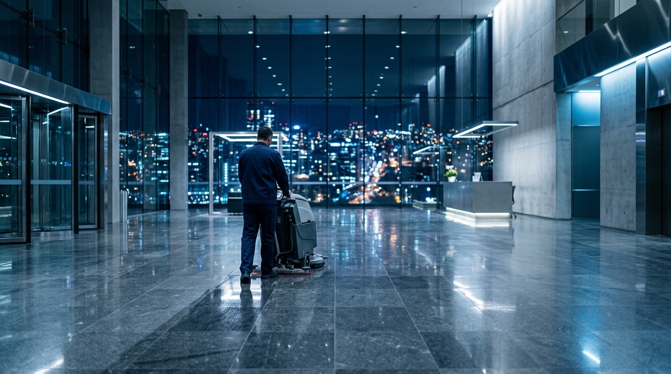 A worker scrubbing the polished floor of an office lobby at night